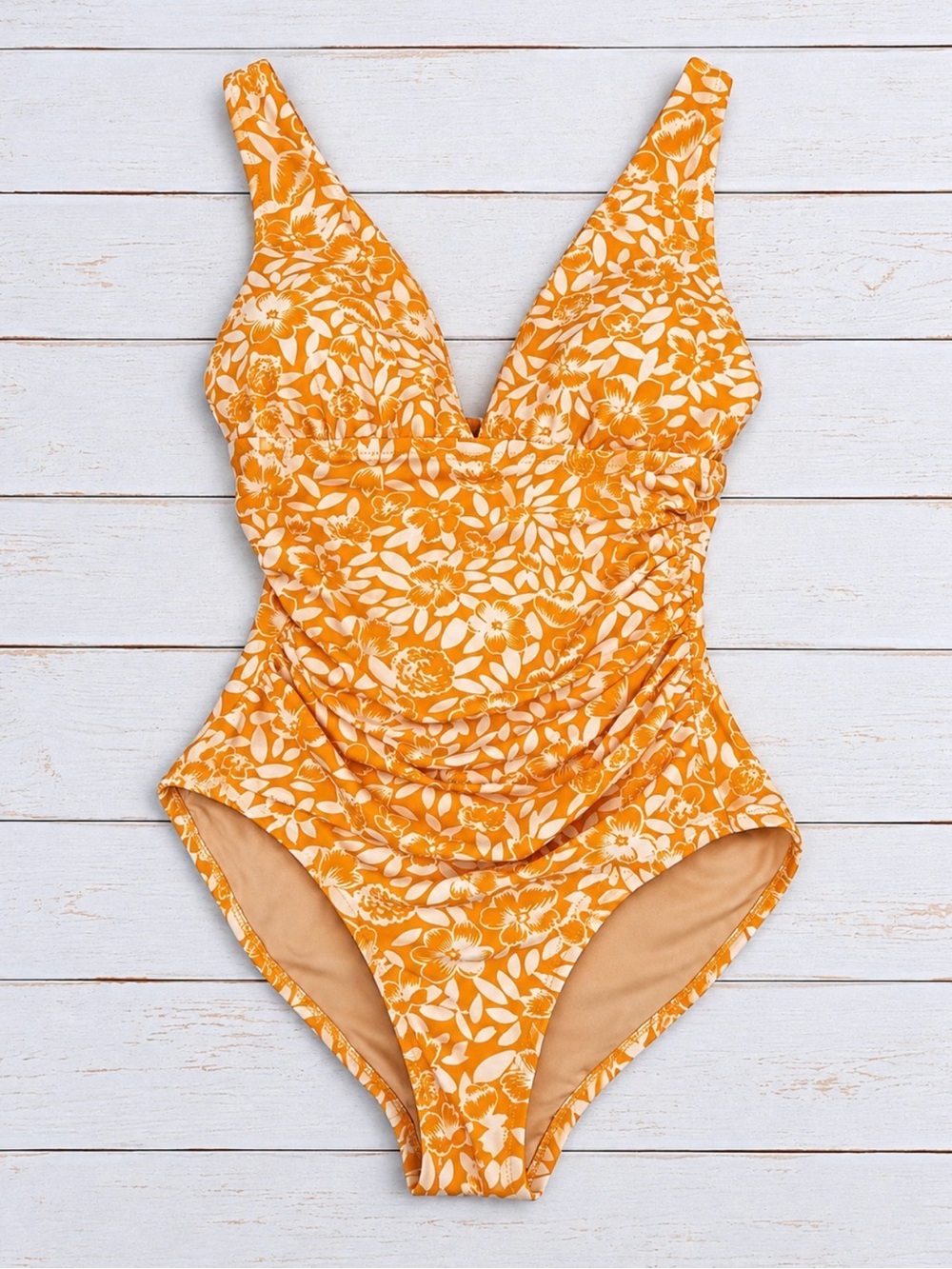 J.Crew Orange Floral Ruched One-Piece Swimsuit M